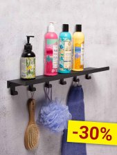 Полка для ванной комнаты с крючками навесная прямая черная 6 крючков 50x12x6